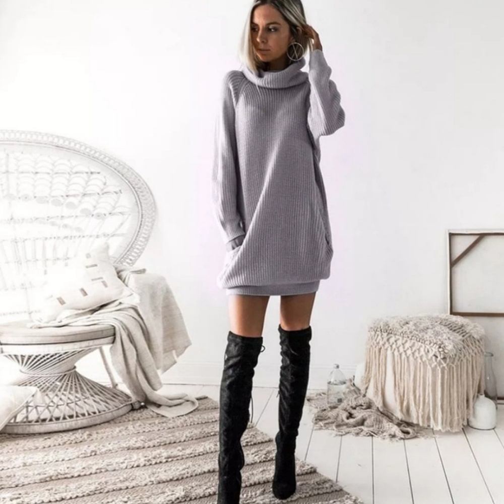 Gray Long Sleeve Turtleneck Knit Dress